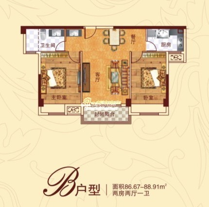 B戶型 兩室兩廳一衛 86.67-88.91㎡