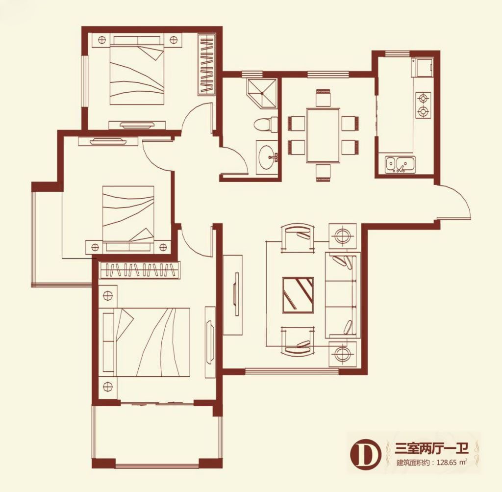 紫薇壹號·西韻3室2廳1衛128.65㎡