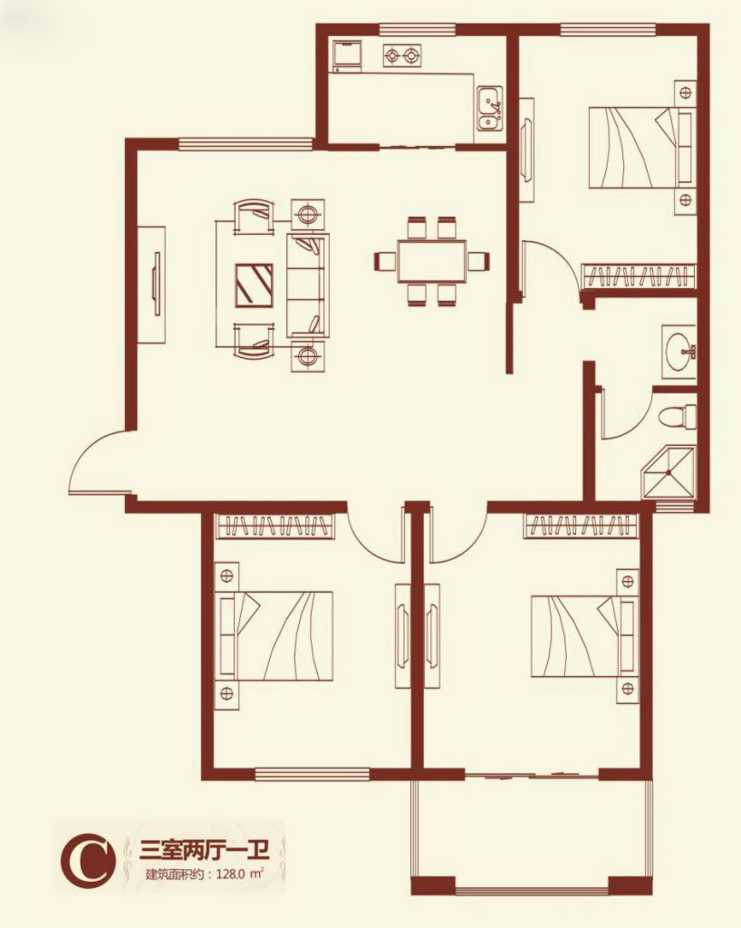 紫薇壹號·西韻3室2廳1衛128㎡
